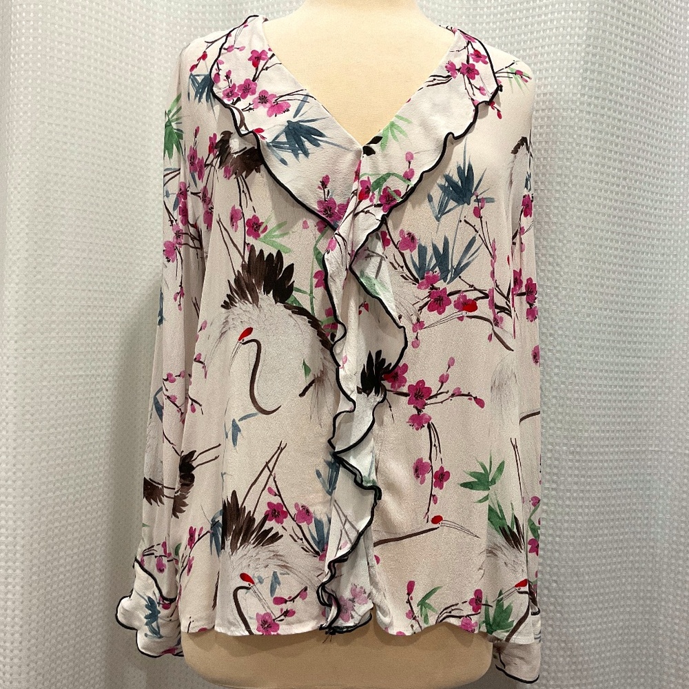 Zara Basic, XL, Floral V-neck Ruffle, Long Sleeve Blouse
